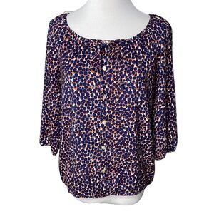 Ann Taylor Blue and Orange Dot Print Petite Blouse